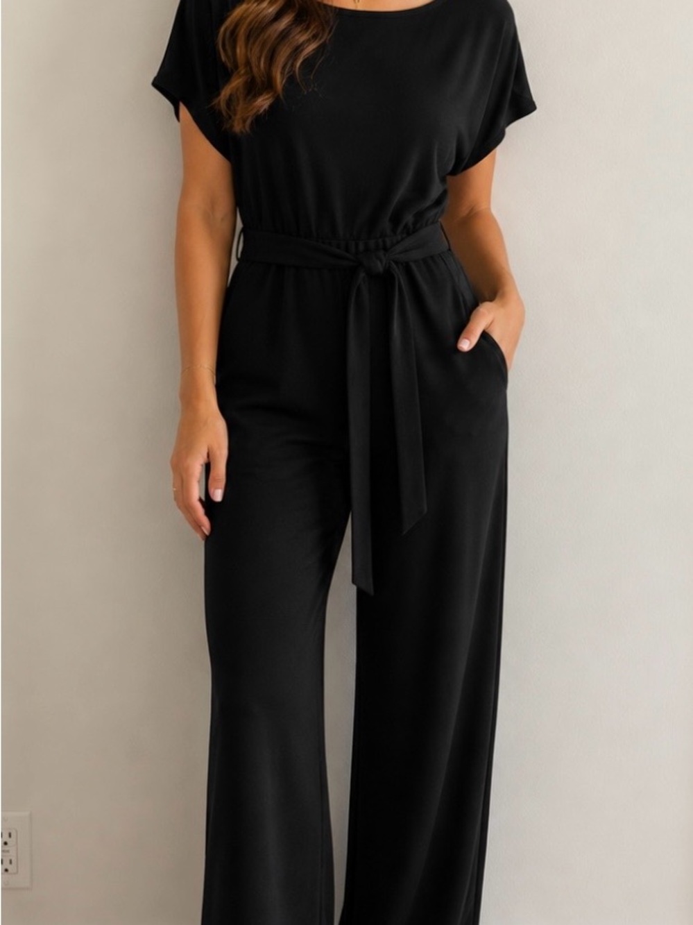 Women’s Black Wide-Leg Jumpsuit with Tie Waist